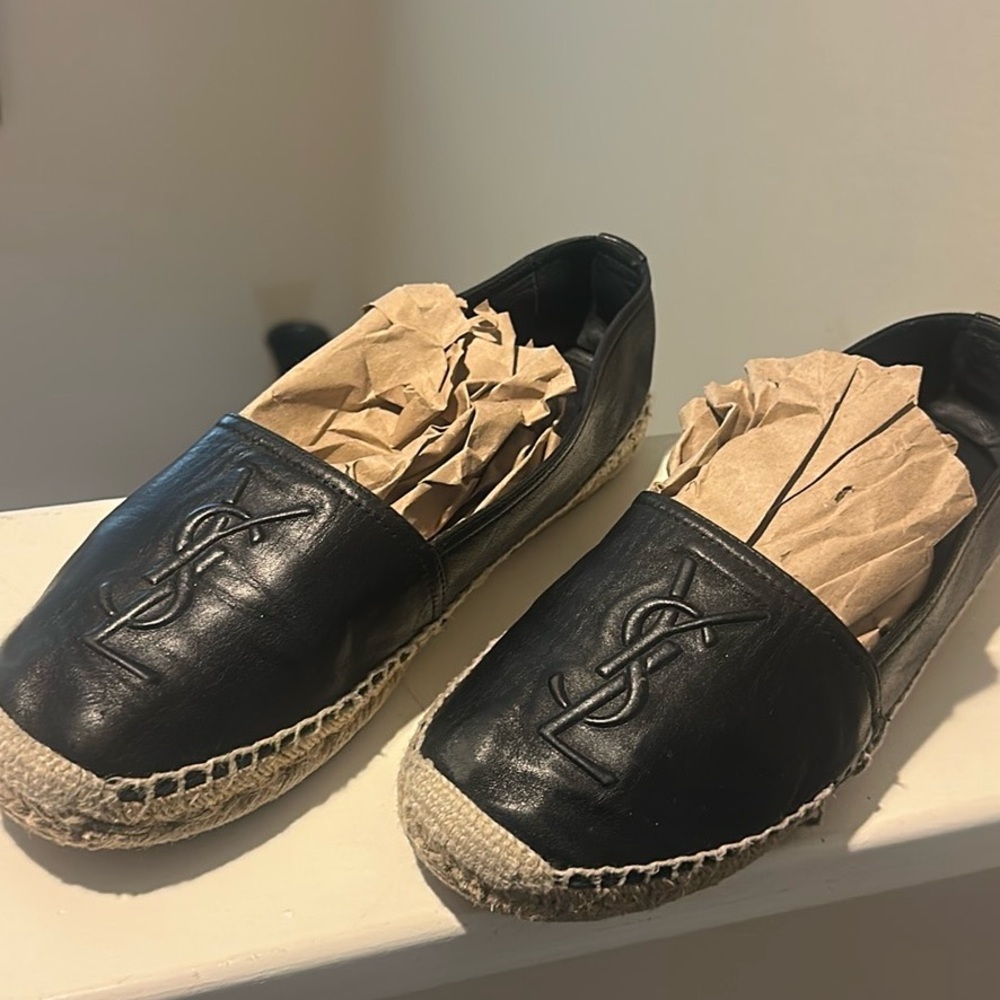 SAINT LAURENT black logo leather espadrilles